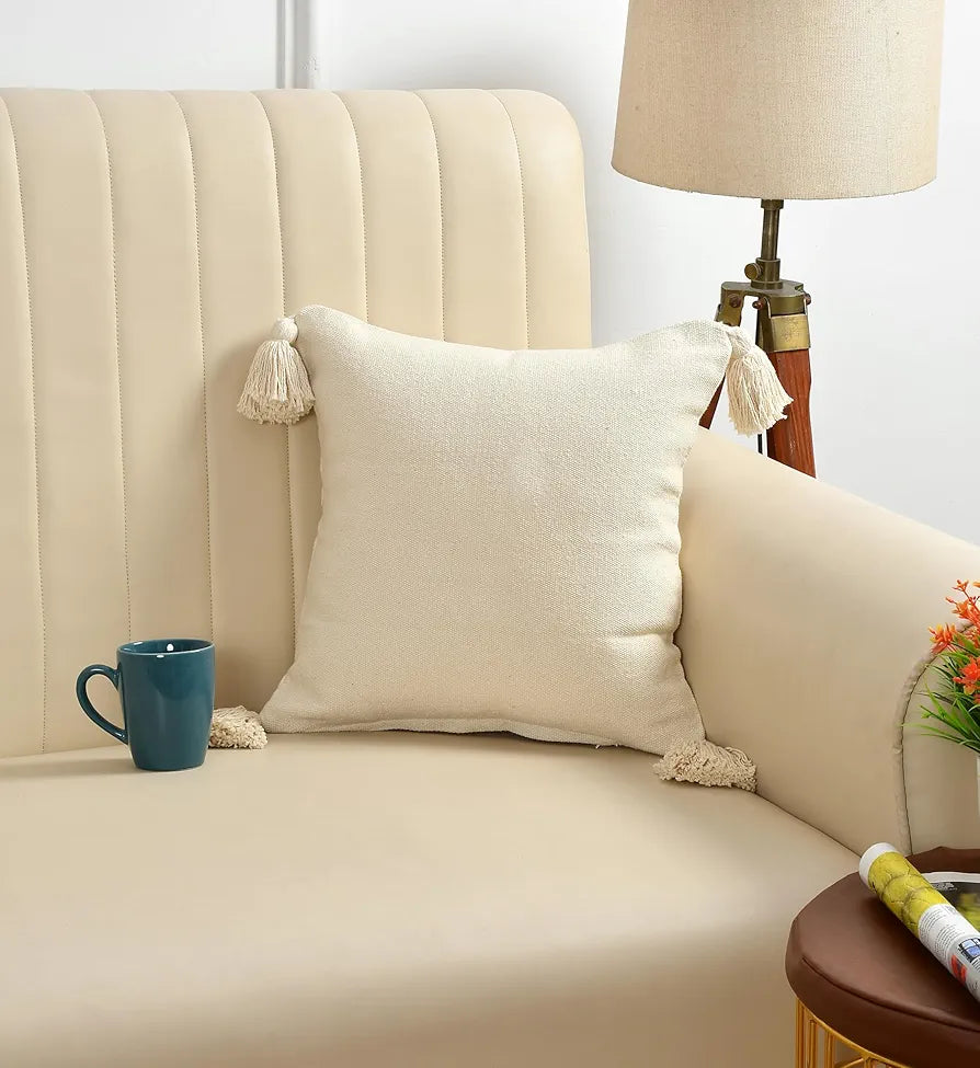 Sashaa World 100% Cotton Cushion Covers Colour White With Tassels/decorative Throw Pillow( Set Of 2)