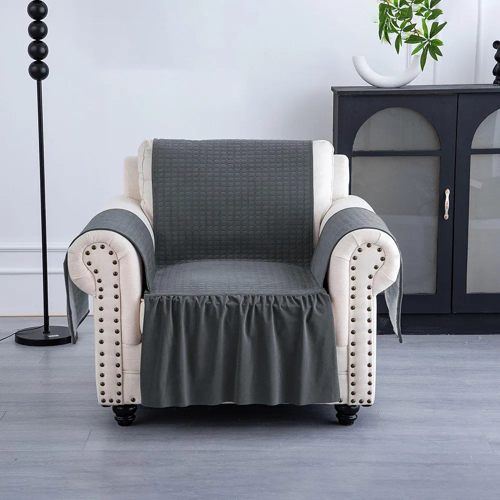 Kuber Industries Soft Velvet Quilted Single Seater Sofa Cover with Pocket Arms Frill Grey