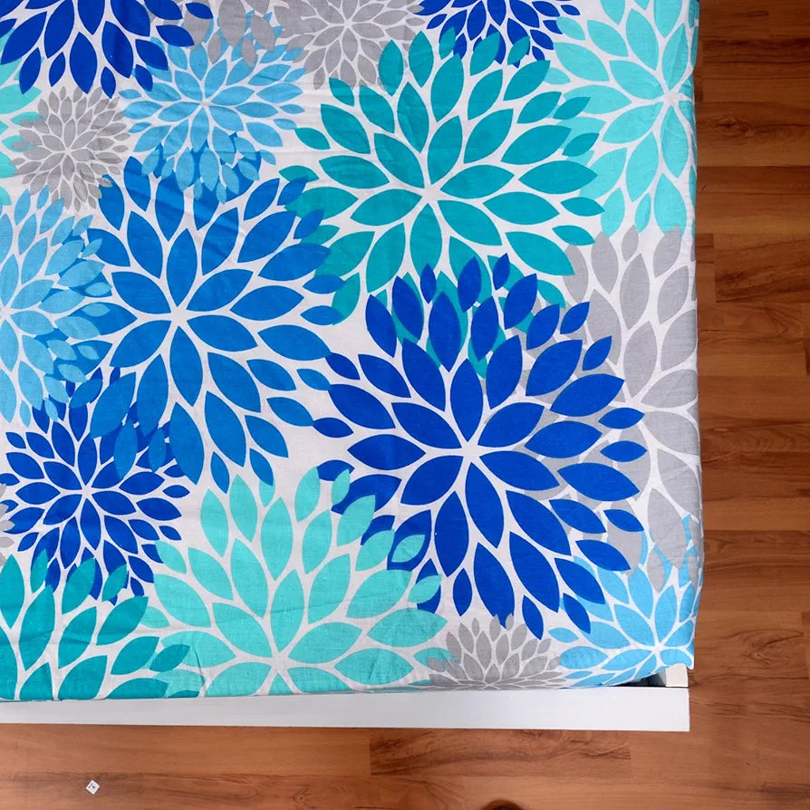 Divine Casa 144 TC Cotton Flower Print Queen Size Double Bed Elastic Fitted Bedsheet with 2 Pillow Cover Colour Dusk Blue