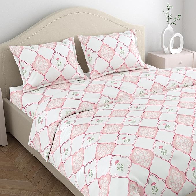 Haus & kinder Cotton Queen Size Bedsheet for Double Bed (90 X 100 Inches) with 2 Pillow Covers | 186 TC |Pink City Palette