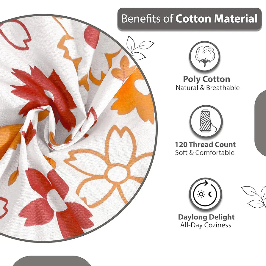 Divine Casa Double Size Bedsheet for Double Bed 144 TC Pure Cotton Queen Size with 2 Pillow Covers Floral Colour Rust White