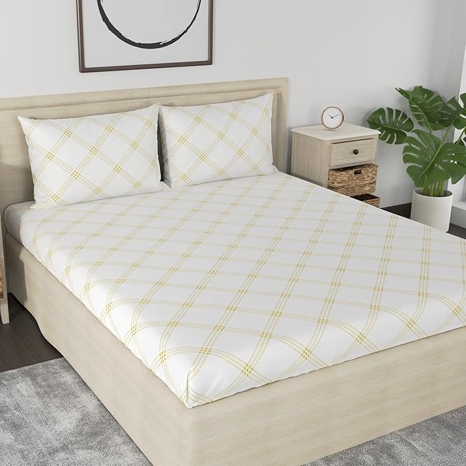 Huesland by Ahmedabad Cotton 186 TC Bedsheet for King Size Bed with 2 Pillow Covers | White (Yellow Pattern)
