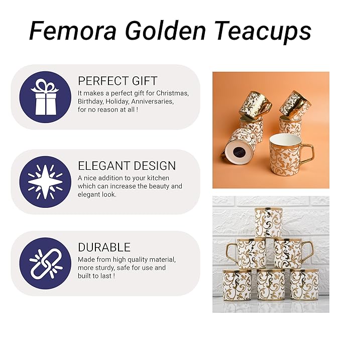 Femora Gloden Floral Motif Pattern Golden Tea Mugs, Ceramic | Coffee Mugs | 180 Ml | Golden | 6 Pcs Set | Not Microwave Safe