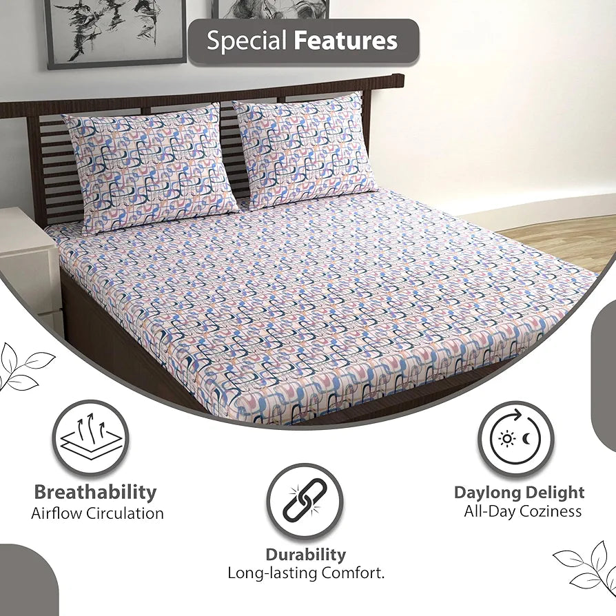 Divine Casa 144 TC Pure Cotton Double Bed Bedsheet with 2 Pillow Covers Abstract Weave Colour Peach Blue