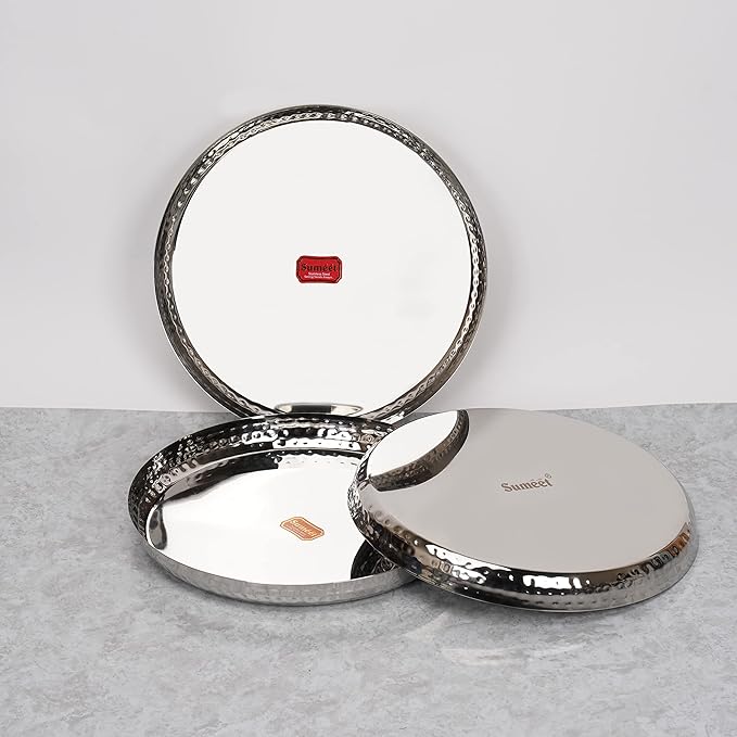 Sumeet Stainless Steel Handcrafted Hammered Texture Heavy Royal Dinner Plate set of 3 Pc 29.5cm