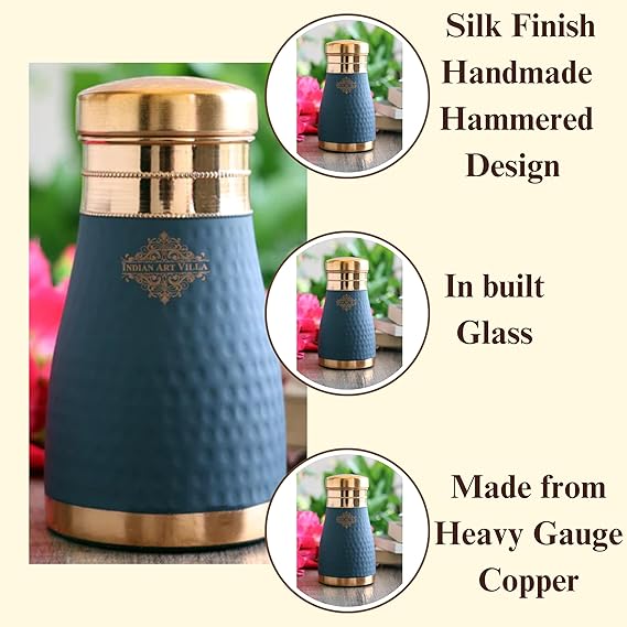 Indian Art Villa Pure Copper Bedroom Bottle With Inbuilt Glass Grey Silk Finish Hammered Design