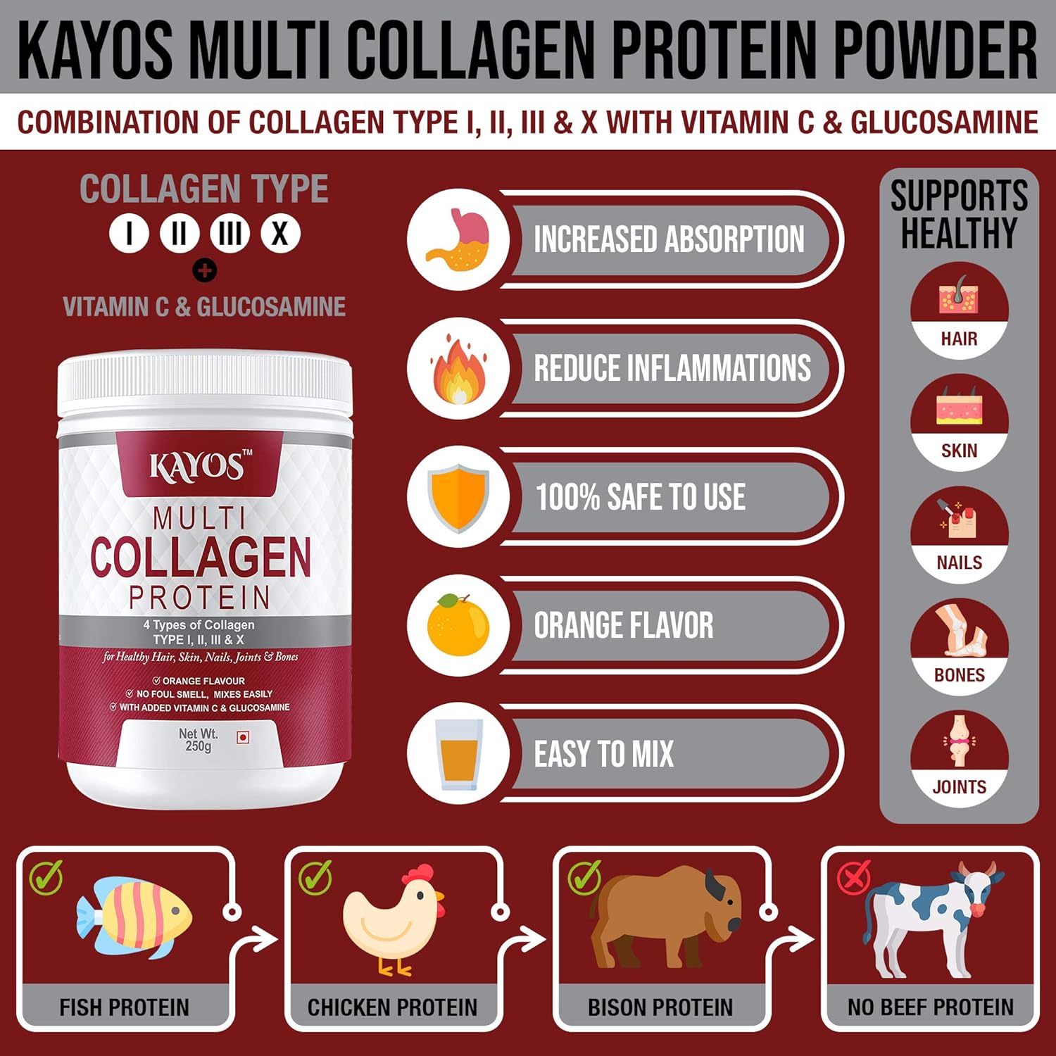 Kayos Multi Collagen Protein Powder - 250 gms