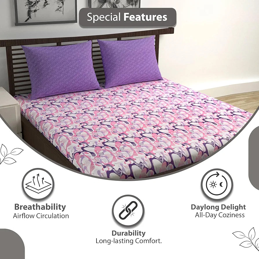 Divine Casa 144 TC 100% Pure Cotton Double Bed Bedsheet with 2 Pillow Covers Geo Petals Colour Lavender Blush