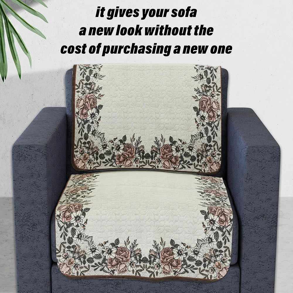 Kuber Industries Sofa Cover Set 5-Seater Couch Cover Brown Gulab Border Crown Sofa Cover Cream