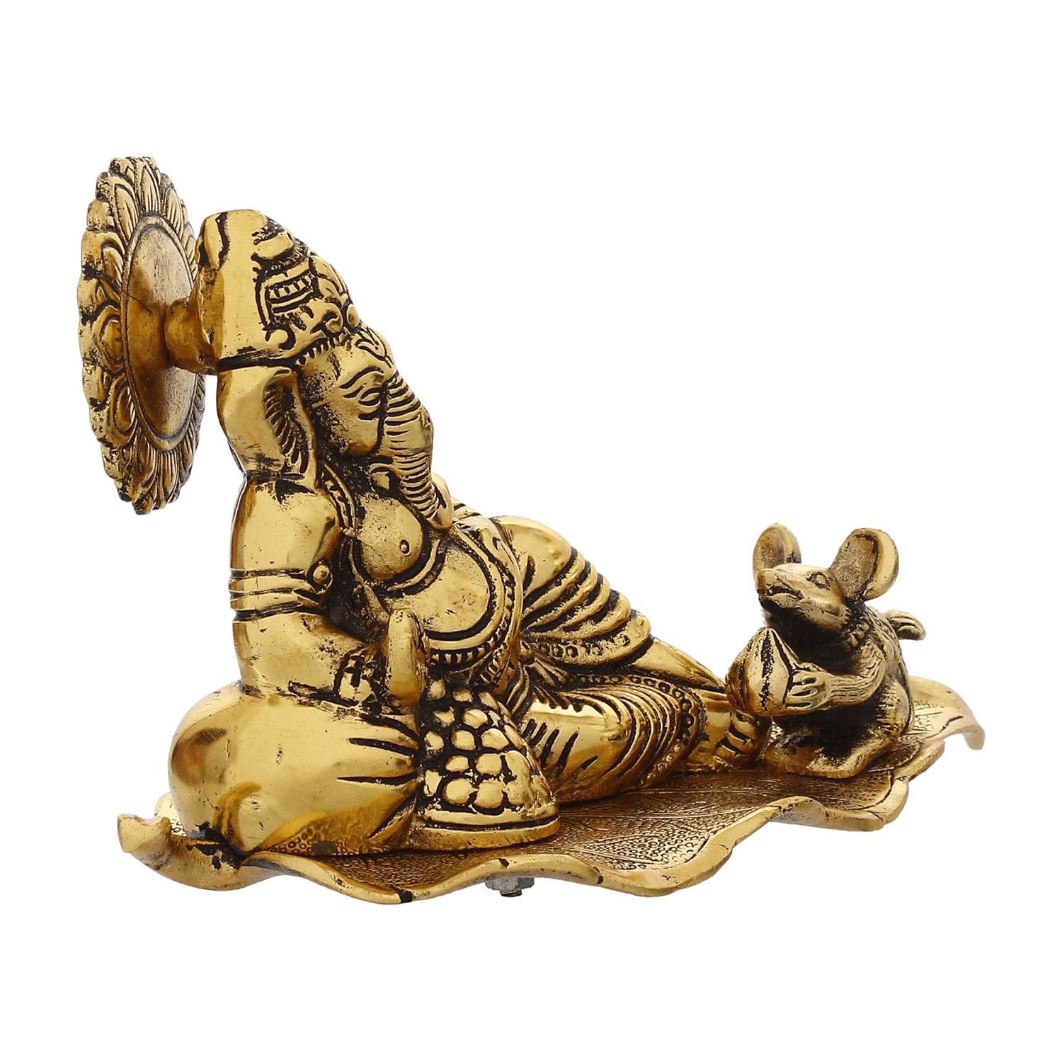 Ecraftindia Golden Resting Ganesha With Mushak Metal Decorative Showpiece