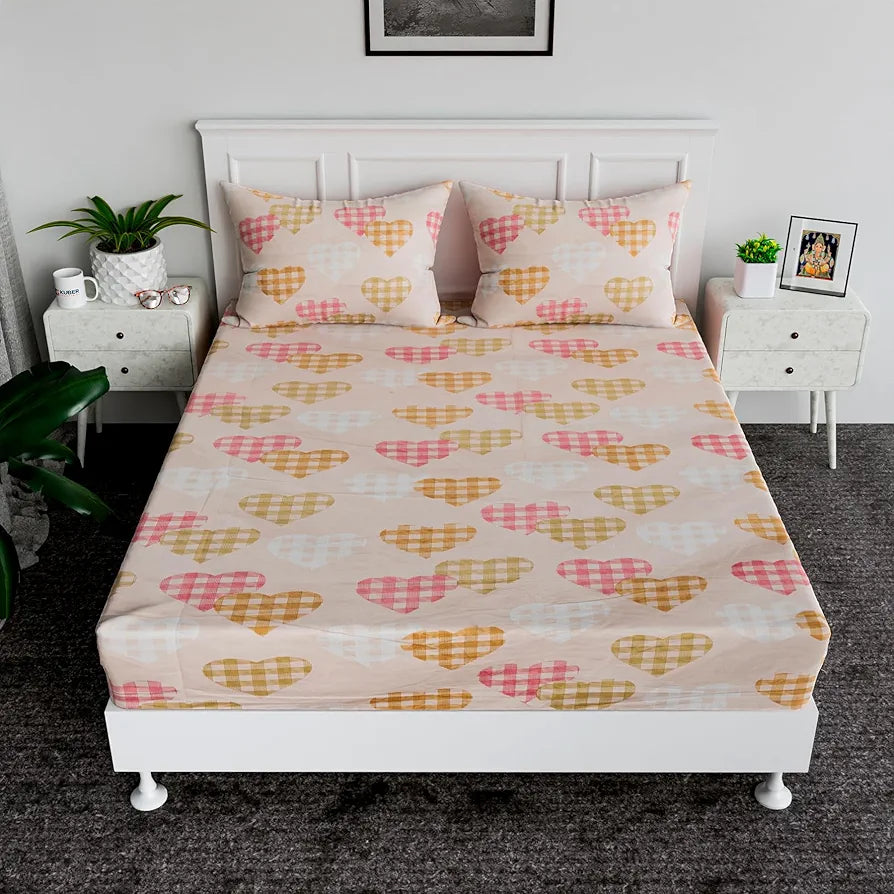 Kuber Industries Double Bedsheet Premium Cotton with 2 Pillow Covers Heart-Design Bedsheet Pink