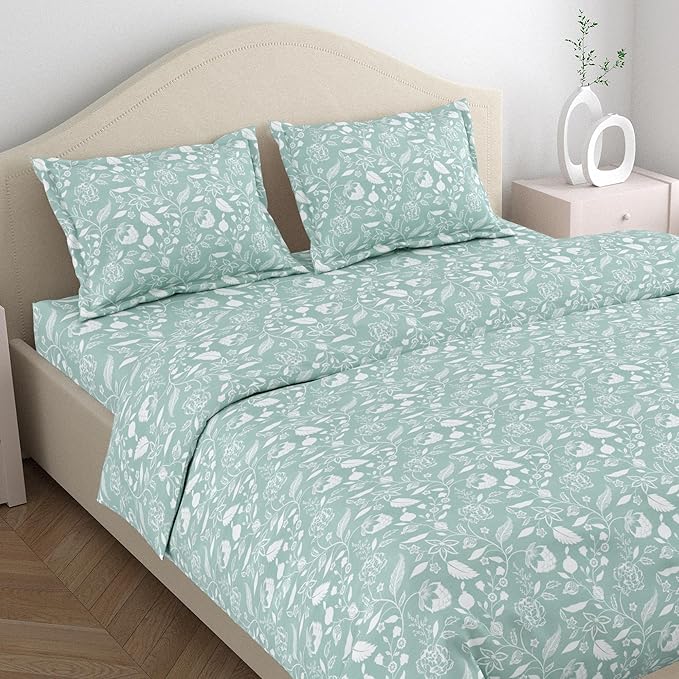 Haus & kinder Cotton Queen Size Bedsheet for Double Bed (90 X 100 Inches) with 2 Pillow Covers | 186 TC | Blue White Floral