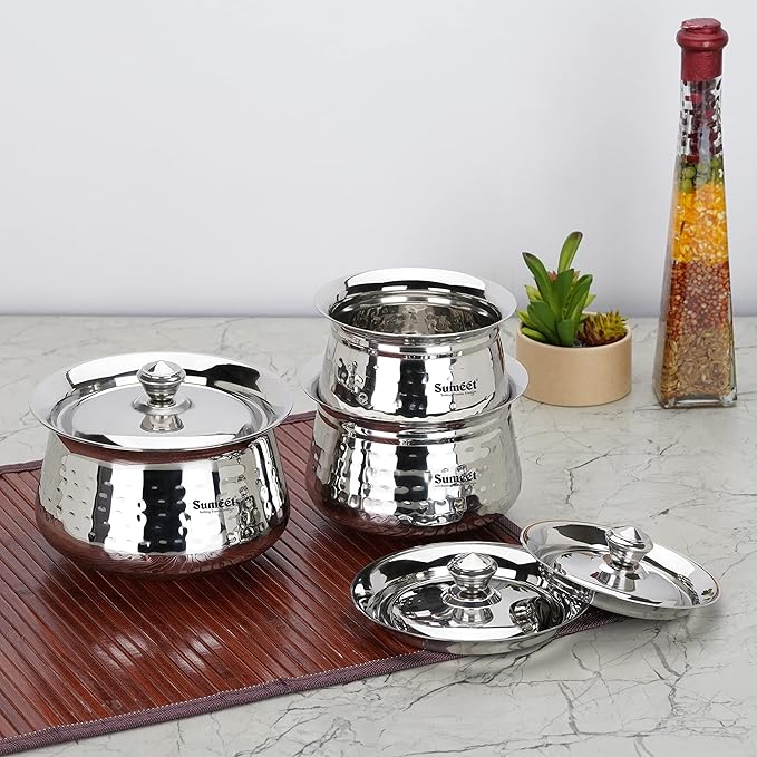 Sumeet Stainless Steel Handcrafted Hammered Texture Handi Set with Lid Set