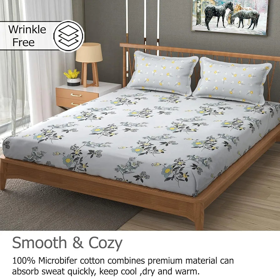 Fresh From Loom Floral XXL King Size Bedsheet for Double Bed 240 TC Hypoallergenic Soft Bed Sheet with 2 Pillow Cover Grey Sunflower