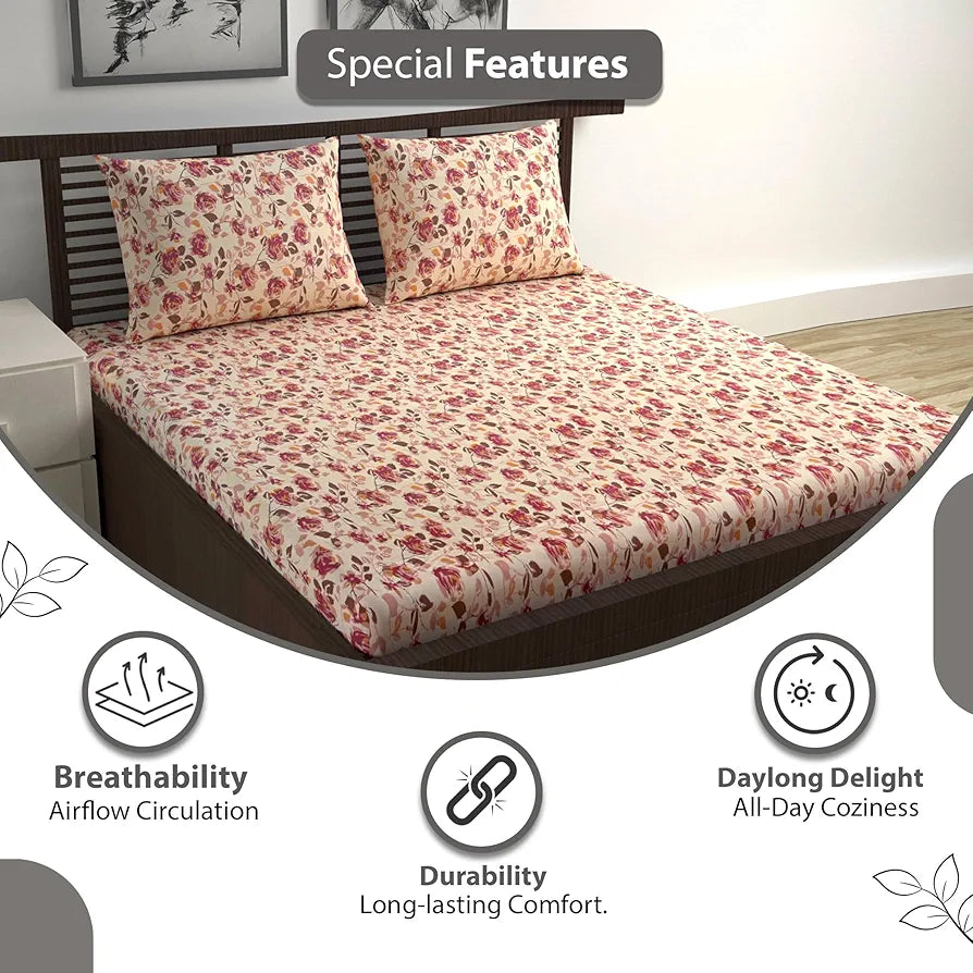 Divine Casa 144 TC Pure Cotton Double Bed Bedsheet with 2 Pillow Covers Rosy Floral Colour Sunset Red