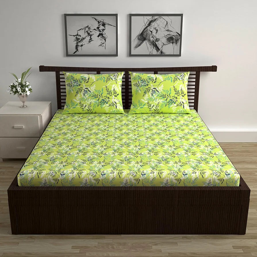 Divine Casa 144 TC 100% Cotton Double Bedsheet with 2 Pillow Covers Floral Pattern Colour Lime Breeze