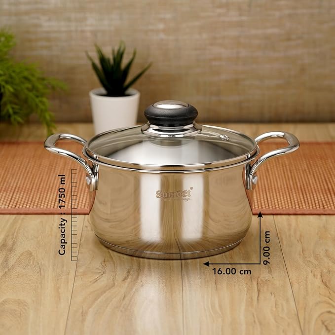 Sumeet Stainless Steel Induction Bottom Casserole with Glass Lid 1750 ml 16 cm Silver