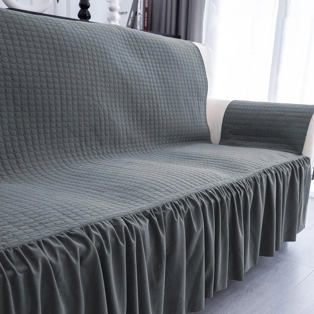 Kuber Industries Soft Velvet Quilted Single Seater Sofa Cover with Pocket Arms Frill Grey