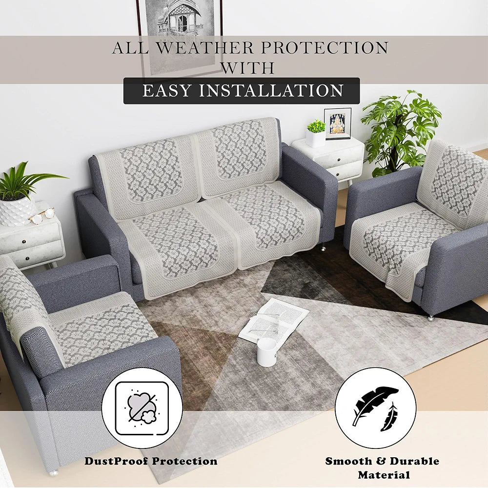 Kuber Industries Sofa Cover Net 2+1+1 Seater Sofa Slip Cover Set Plain Leonardo Flower Print Cream