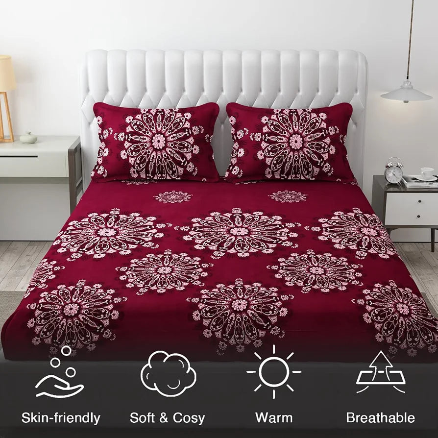 Fresh From Loom Floral King Size Microfiber Bedsheet Set Printed Hypoallergenic Wrinkle Free with 2 Pillow Covers 144 TC Wine
