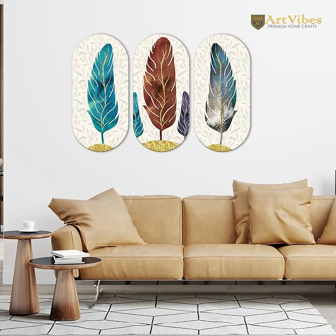 Artvibes Feather Wooden Wall Hanging Decoration Items for Home | Set of 3