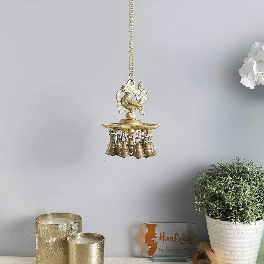 Two Moustaches Peacock Design Brass Hanging Diya with Bells