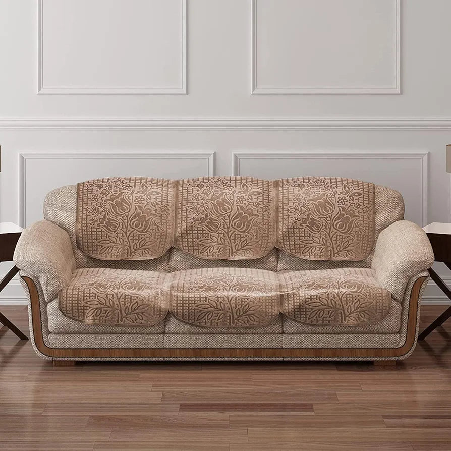 Cloth Fusion Italian Velvet Sofa Cover 5 Seater Set Perfect Floral Embossed Sofa Cover 3 Seater and 2 Seater for Living Room Skin Colour
