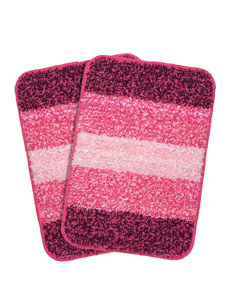 Saral Home Microfiber Striped Rectangle Shaped Anti-Skid Bath Mats Colour Pink (Pack of 2)