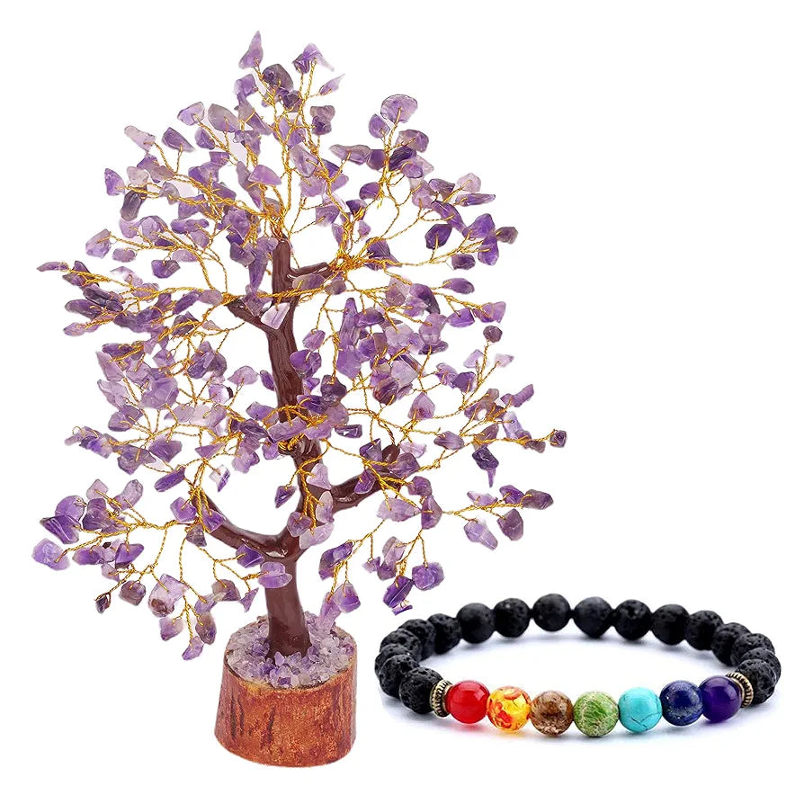 Reikved Amethyst Crystal Natural Semi Precious Gemstone Bonsai Money Tree with 300 Beads Chakra Bracelet