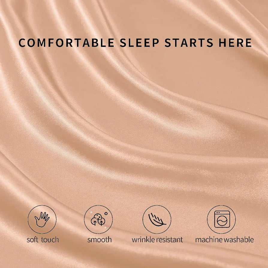 Cloth Fusion Satin Bedsheet for Queen Size Bed Set of 1 Satin Sheet 2 Pillow Covers Peach Colour