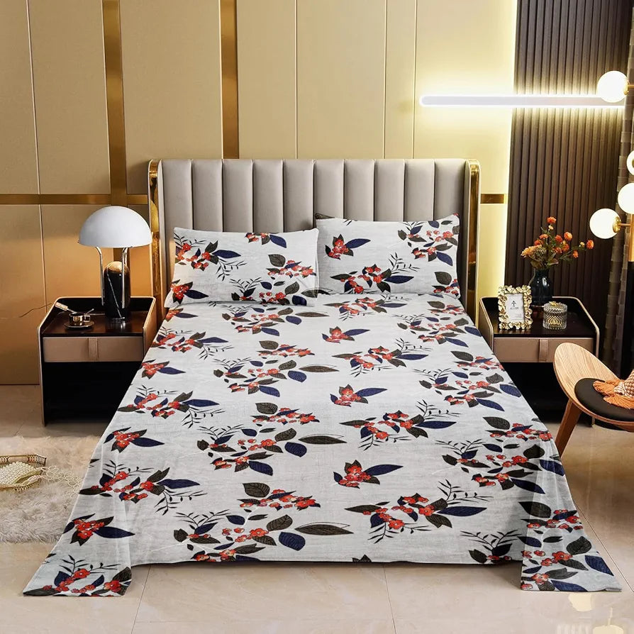 Cloth Fusion Warm Winter Bedsheet for Double Bed King Size with 2 Pillow Covers White Leaf