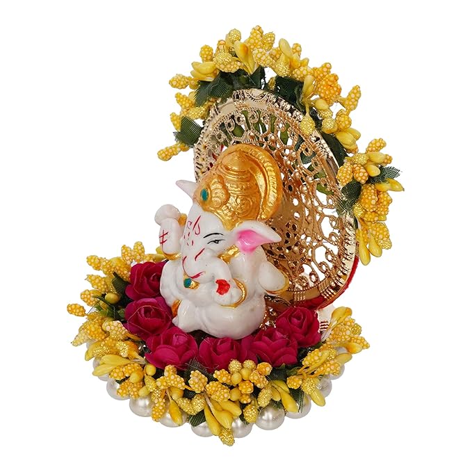 Ecraftindia Resin Handcrafted Lord Ganesha Idol on Yellow Floral Decorative Plate | Ganesha Idol