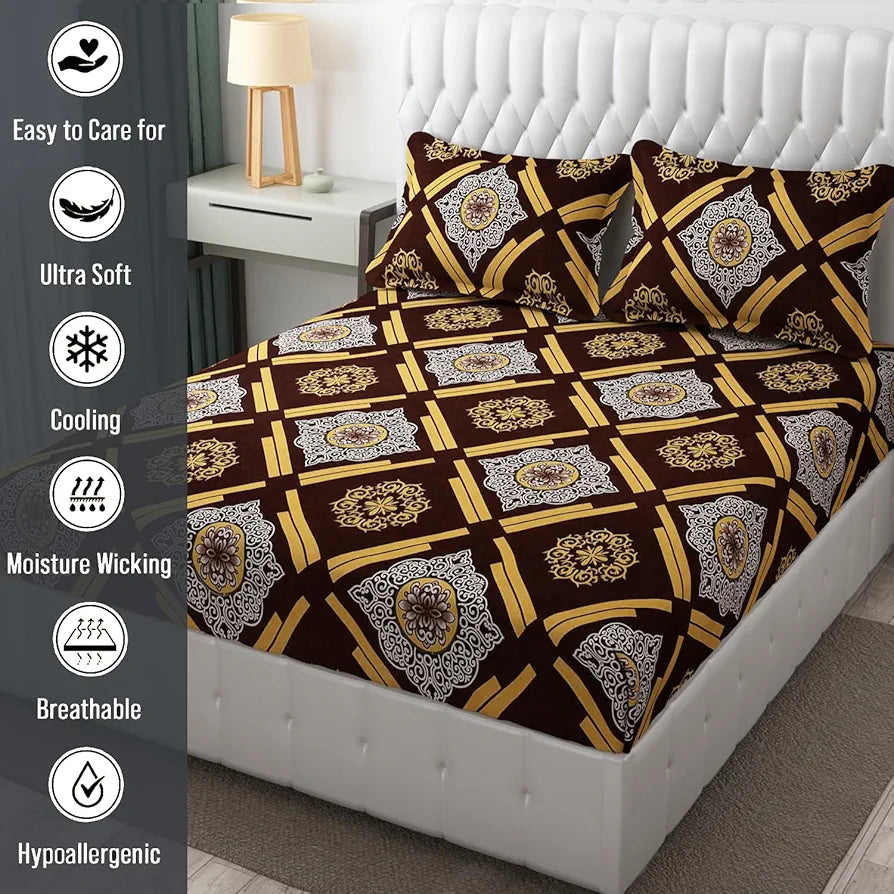 Fresh From Loom Wrinkle Free Hypo-Allergenic Microfiber King Bedsheet For Double Bed Floral Design Bed Spread With 2 Pillow Covers 144 TC Dark Brown