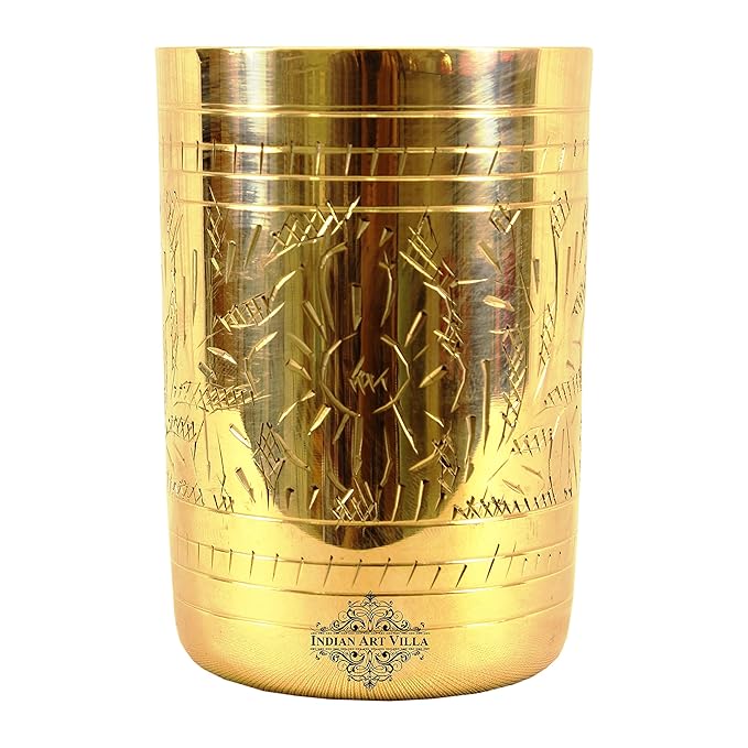 Indian Art Villa Pure Brass Glass Tumbler With Floral Etched Straight Design - 207 gms (Pack of 2)