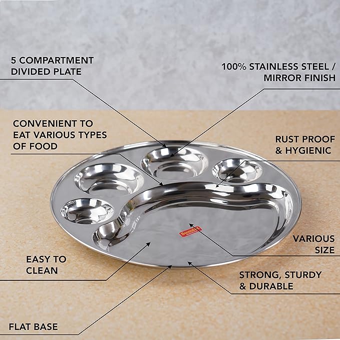 Sumeet Stainless Steel Round 5 in 1 Compartment Lunch Big Plates Set of 3Pcs 34cm Silver