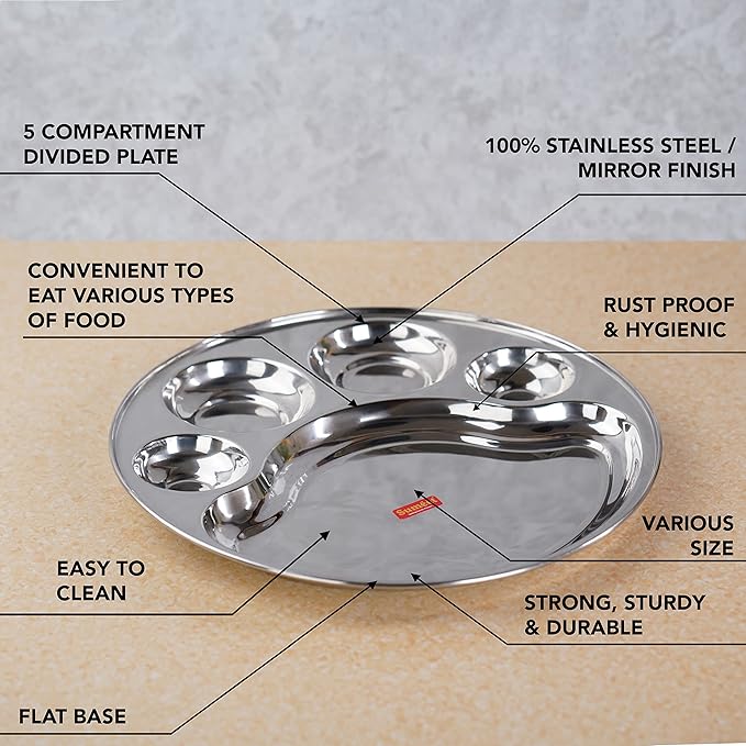 Sumeet Stainless Steel Round 5 in 1 Compartment Lunch Big Plates Set of 4Pcs 34cm Silver