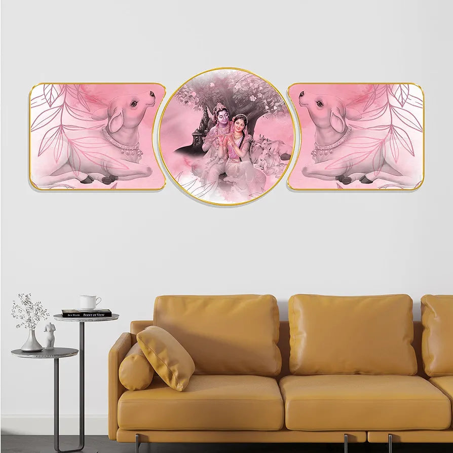 Livin'luxe Paintings Radha Krishna Religious Modern Art Premium Sparkle Lamination Finished Surface Golden Slim Frame RP-44