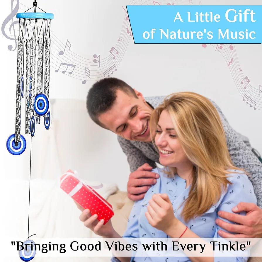 Evil Eye Wind Chimes for Living Room and Bedroom Silver 5-Pipe Wind Chime -013