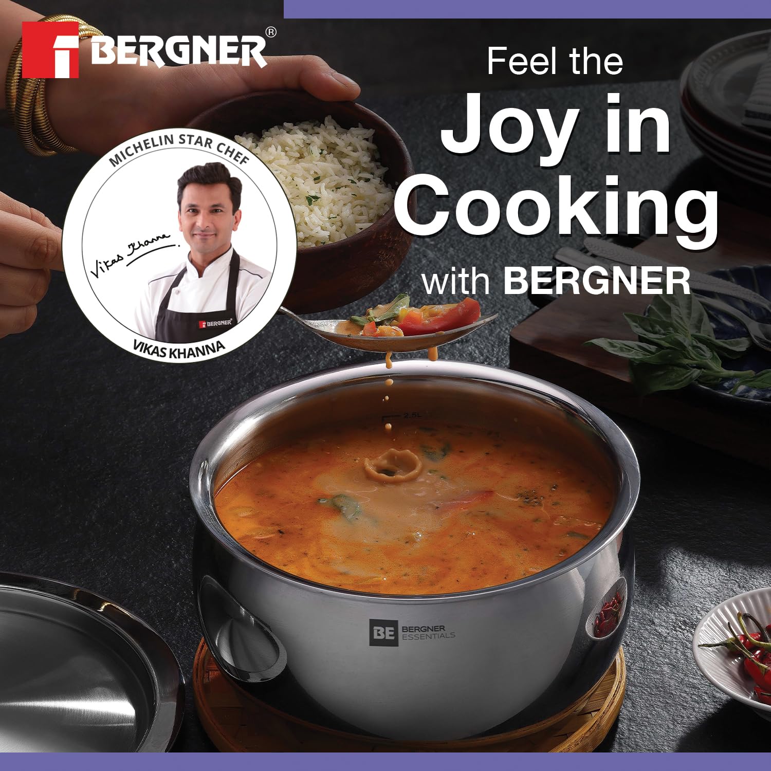 Bergner BE Bergner Essentials Tri-Ply Stainless Steel 20 cm Rice Handi with Lid