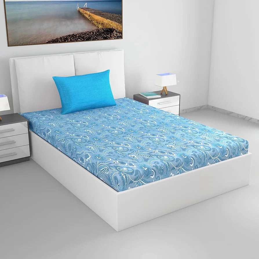 Divine Casa 144 TC 100% Pure Cotton Single Size Bedsheet with 1 Pillow Cover Floral Paisley Colour White Aqua Blue