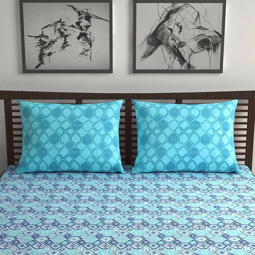 Divine Casa 144 TC 100% Pure Cotton Double Bedsheet with 2 Pillow Covers Geo Nordic Hexa Colour Ice Aqua Blue