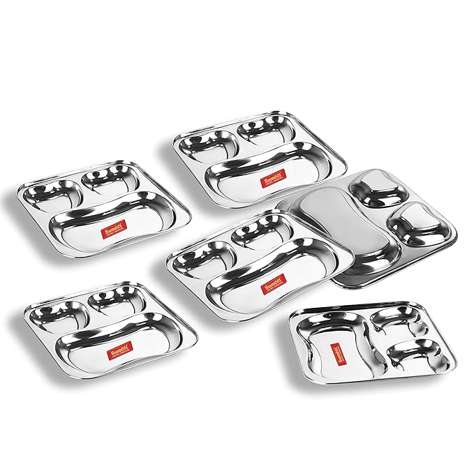 Sumeet Stainless Steel 3 in 1 Pav Bhaji Plate Plate 24.5cm Dia Set of 6pc