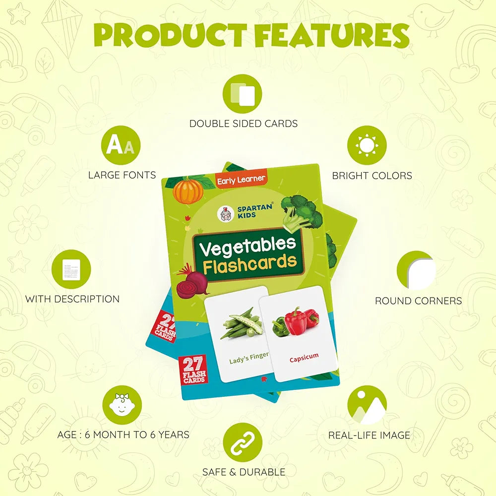 SPARTAN KIDS Vegetables Creative_Thinking Flash Cards for Kids | 27 Early Learning Flash Cards Easy & Fun Way of Learning 1 Year to 6 Years Babies