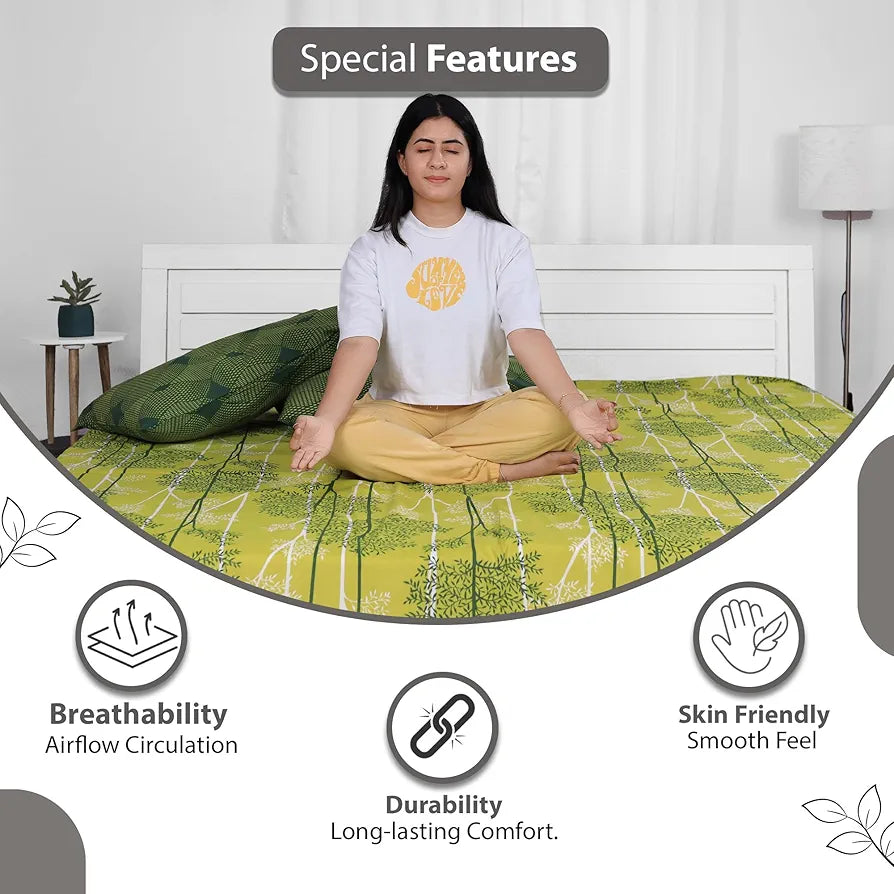 Divine Casa 144 TC 100% Cotton Double Bedsheet with 2 Pillow Covers Floral Pattern Colour Tree Green