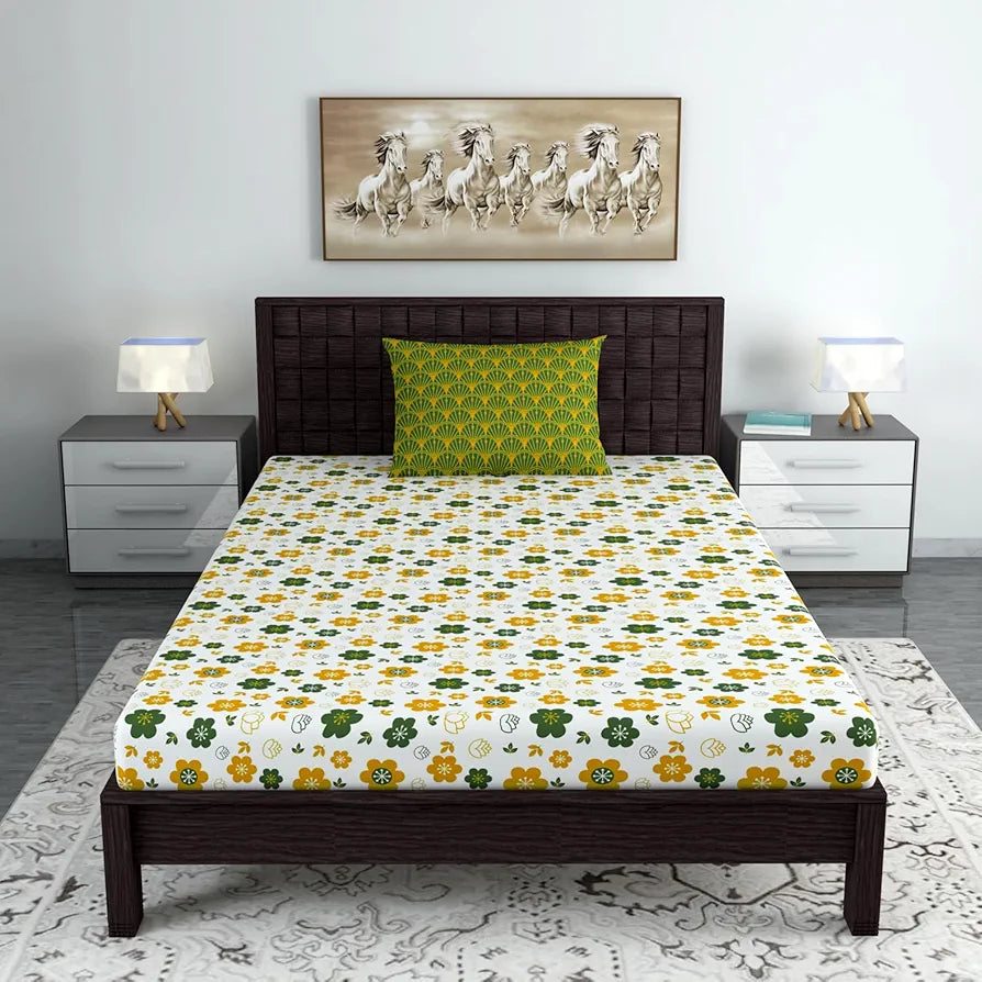Divine Casa Bedsheet for Single Size Bed 144 TC Cotton Bedsheet for Single Size Bed with 1 Pillow Cover  Floral Mustard Colour Green