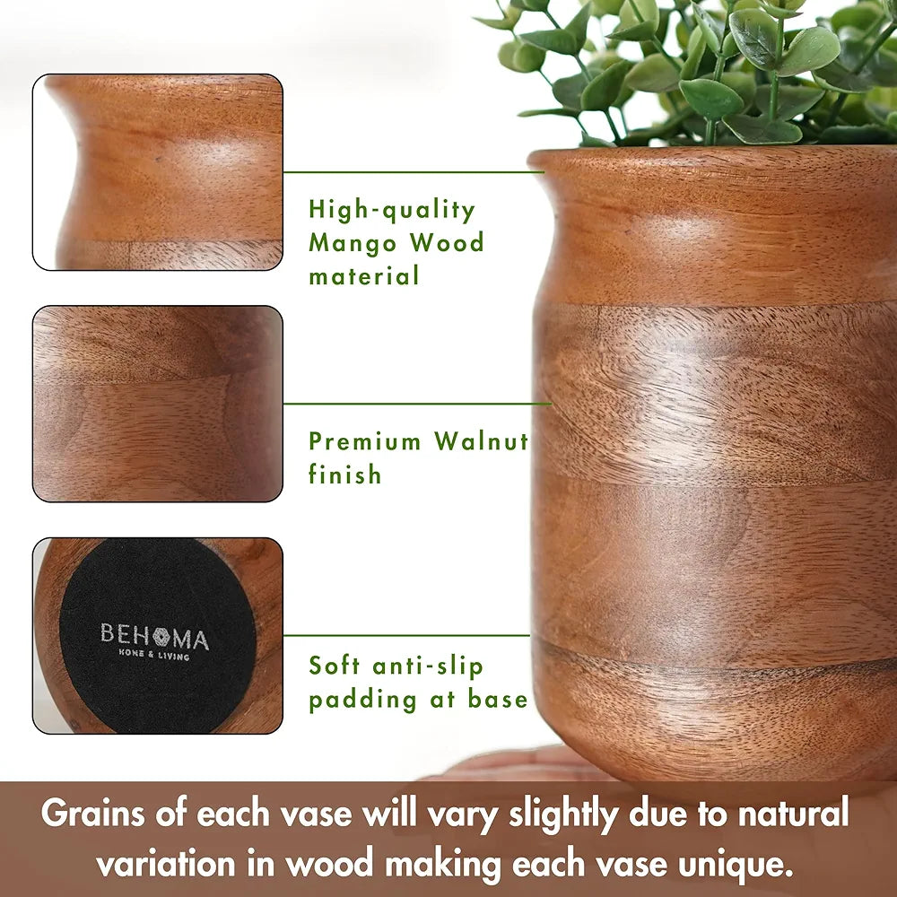 Behoma Flower Vase Jar Shape Mango Wood Vases Walnut Brown Finish Flowers not Included