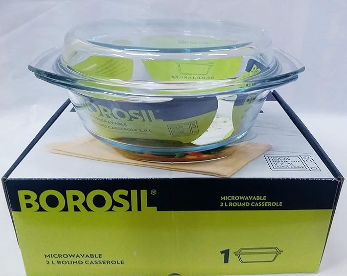 Borosil Solid Glass Casserole Oven and Microwave Safe Serving Bowl with Lid | Transparent | 2 Litres