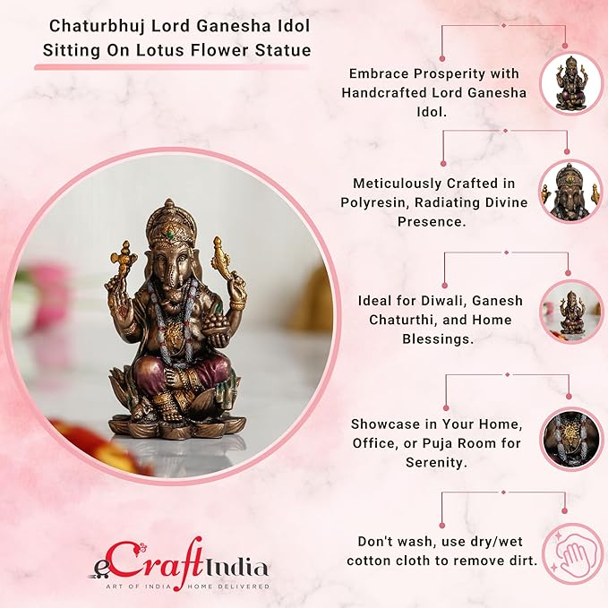 Ecraftindia Resin Bronze Chaturbhuj Lord Ganesha Idol Sitting on Lotus Flower | Ganesha Statue for Puja Room