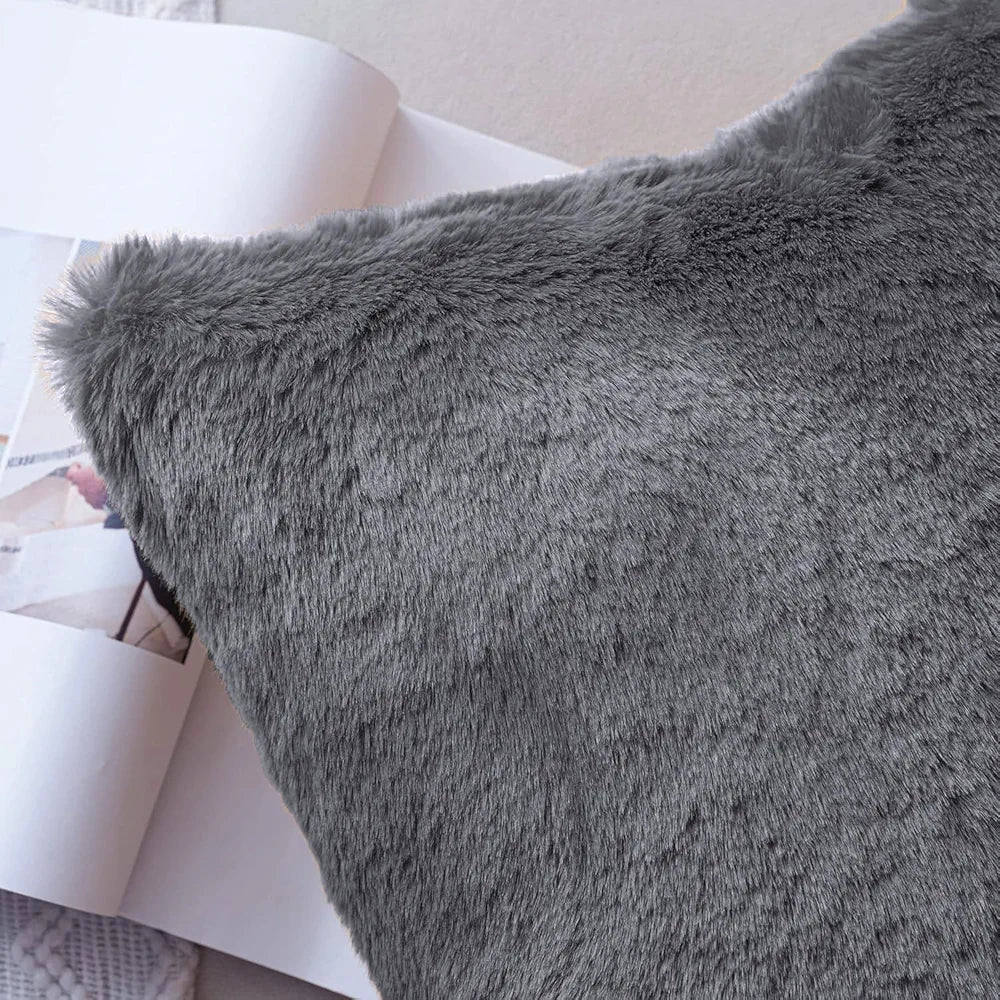 Luxe Home Cushion Cover Duble Side Rabbit Fur Plain Design Covers Set of 2 for Sofa Colour Grey
