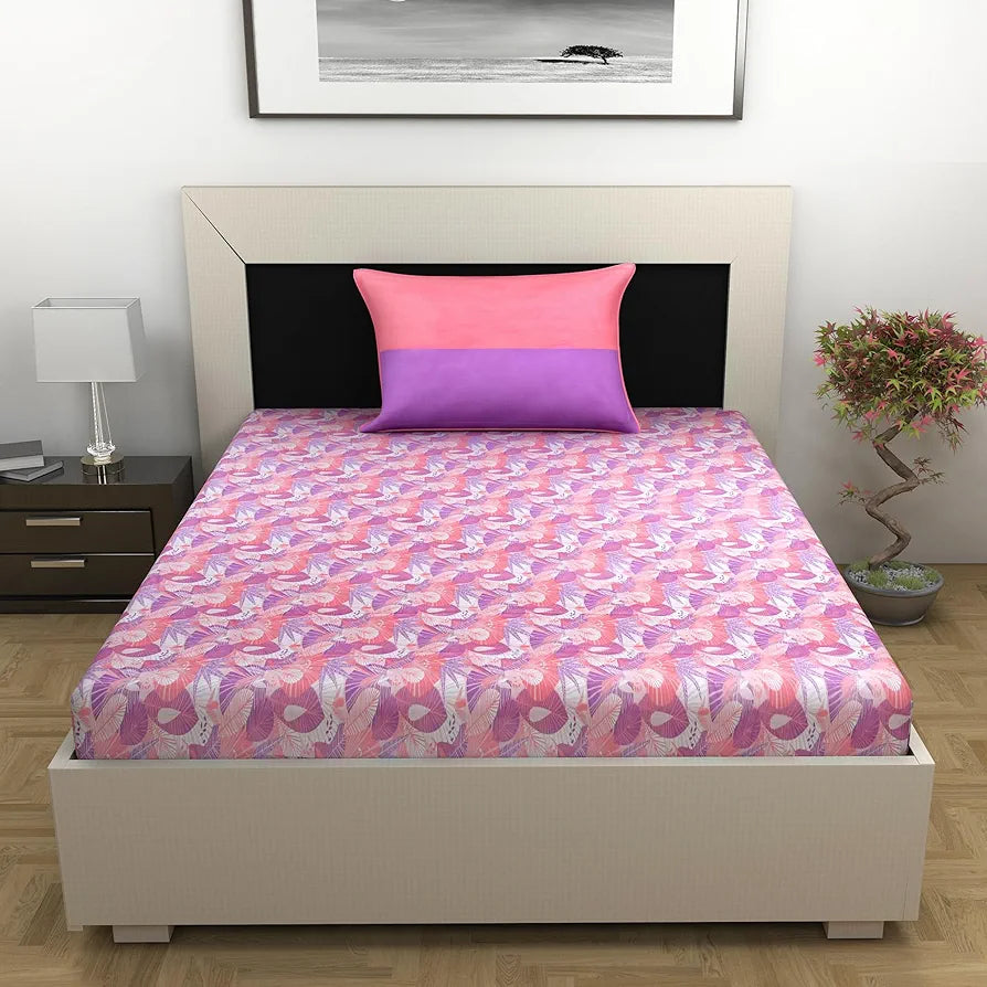 Divine Casa 144 TC 100% Pure Cotton Single Size Bedsheet with 1 Pillow Cover Regal PaisleyColour Violet Rose
